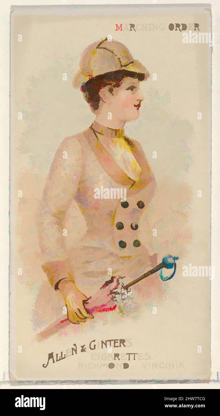Art inspired by Marching Order, from the Parasol Drills series (N18) for Allen & Ginter Cigarettes Brands, 1888, Commercial color lithograph, Sheet: 2 3/4 x 1 1/2 in. (7 x 3.8 cm), Trade cards from the 'Parasol Drill' series (N18), issued in 1888 in a set of 50 cards to promote Allen, Classic works modernized by Artotop with a splash of modernity. Shapes, color and value, eye-catching visual impact on art. Emotions through freedom of artworks in a contemporary way. A timeless message pursuing a wildly creative new direction. Artists turning to the digital medium and creating the Artotop NFT Stock Photo