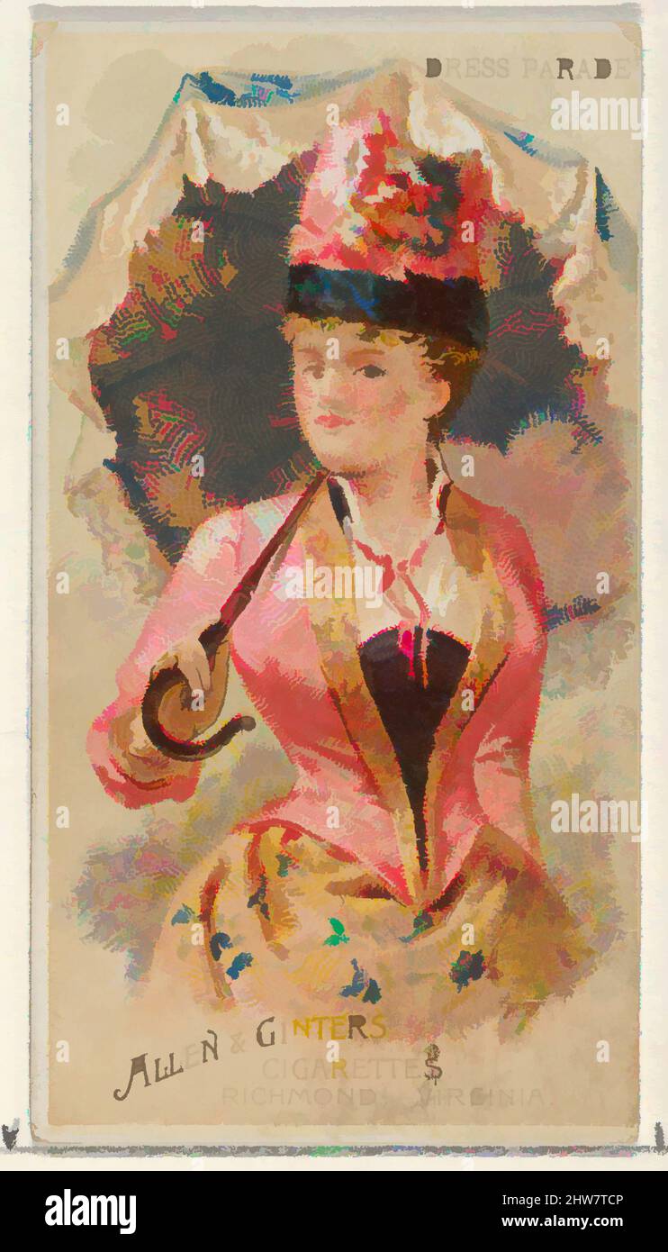 Art inspired by Dress Parade, from the Parasol Drills series (N18) for Allen & Ginter Cigarettes Brands, 1888, Commercial color lithograph, Sheet: 2 3/4 x 1 1/2 in. (7 x 3.8 cm), Trade cards from the 'Parasol Drill' series (N18), issued in 1888 in a set of 50 cards to promote Allen, Classic works modernized by Artotop with a splash of modernity. Shapes, color and value, eye-catching visual impact on art. Emotions through freedom of artworks in a contemporary way. A timeless message pursuing a wildly creative new direction. Artists turning to the digital medium and creating the Artotop NFT Stock Photo