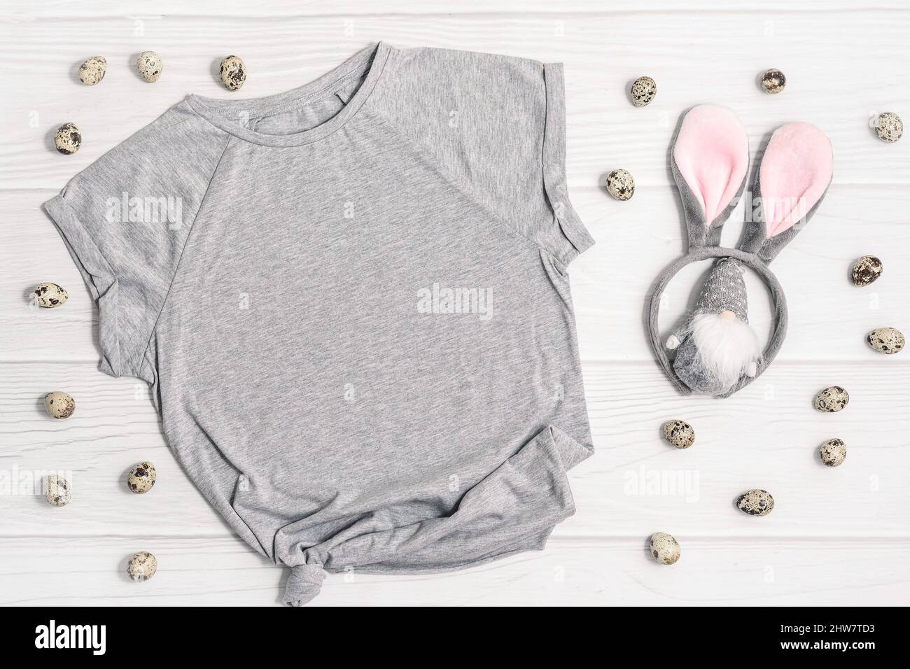 Funny Easter spring mockup gray t shirt with gnome Stock Photo