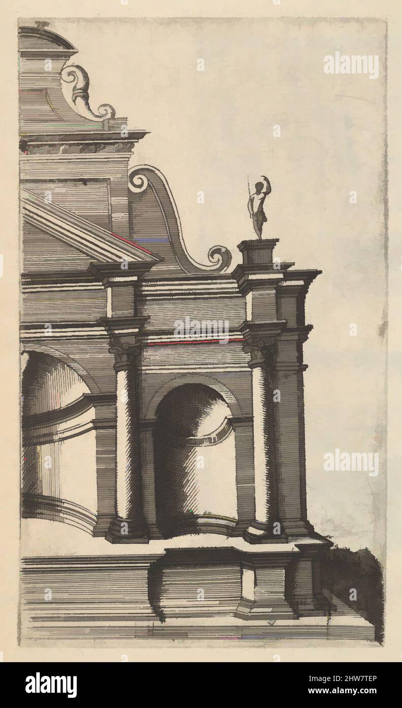 Art inspired by Partial View of a Monument Mercurii Templum from the series 'Ruinarum variarum fabricarum delineationes pictoribus caeterisque id genus artificibus multum utiles', ca. 1572, Etching, Plate: 5 5/16 x 3 1/8 in. (13.5 x 7.9 cm), Lambert Suavius (Netherlandish, ca. 1510–by, Classic works modernized by Artotop with a splash of modernity. Shapes, color and value, eye-catching visual impact on art. Emotions through freedom of artworks in a contemporary way. A timeless message pursuing a wildly creative new direction. Artists turning to the digital medium and creating the Artotop NFT Stock Photo