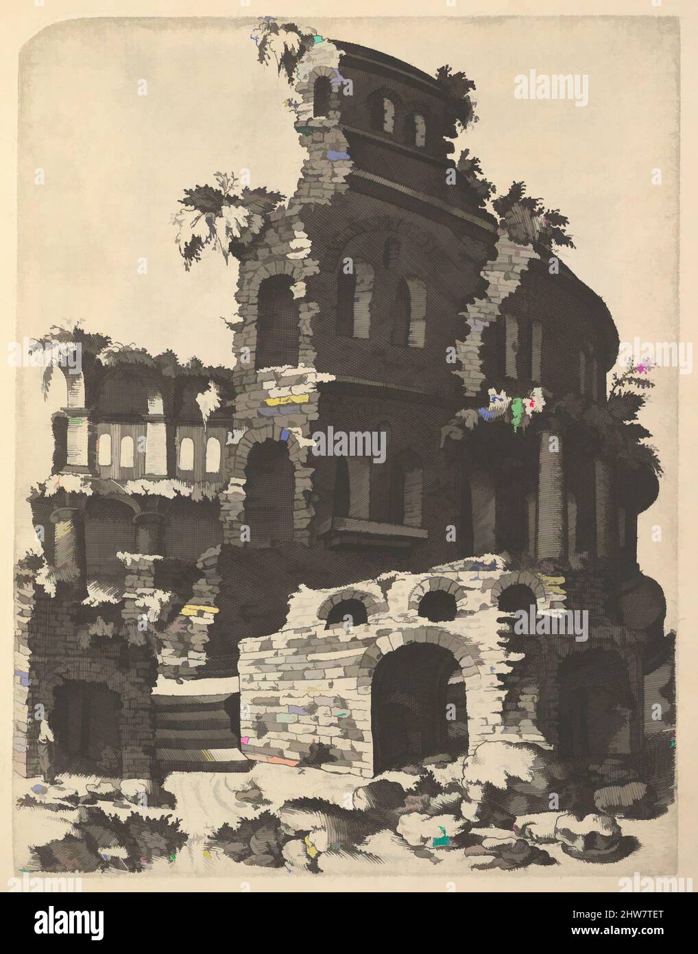 Art inspired by Ruins of a Basilica (?) from the series 'Ruinarum variarum fabricarum delineationes pictoribus caeterisque id genus artificibus multum utiles', ca. 1572, Etching, Plate: 7 11/16 x 6 in. (19.6 x 15.2 cm), Lambert Suavius (Netherlandish, ca. 1510–by 1576), Vertical plate, Classic works modernized by Artotop with a splash of modernity. Shapes, color and value, eye-catching visual impact on art. Emotions through freedom of artworks in a contemporary way. A timeless message pursuing a wildly creative new direction. Artists turning to the digital medium and creating the Artotop NFT Stock Photo