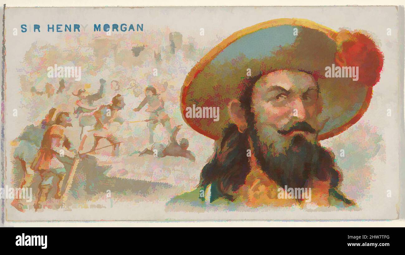 Art inspired by Sir Henry Morgan, Capture of Panama, from the Pirates of the Spanish Main series (N19) for Allen & Ginter Cigarettes, ca. 1888, Commercial color lithograph, Sheet: 1 1/2 x 2 3/4 in. (3.8 x 7 cm), Trade cards from the 'Pirates of the Spanish Main' series (N19), issued ca, Classic works modernized by Artotop with a splash of modernity. Shapes, color and value, eye-catching visual impact on art. Emotions through freedom of artworks in a contemporary way. A timeless message pursuing a wildly creative new direction. Artists turning to the digital medium and creating the Artotop NFT Stock Photo