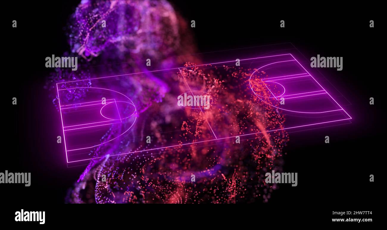Image of purple neon basketball court and pink particles Stock Photo