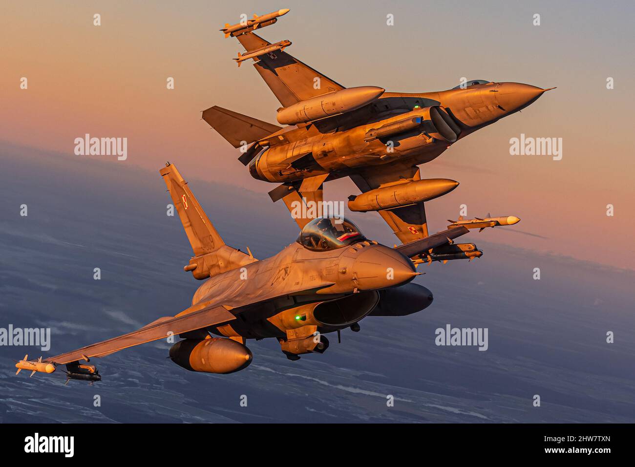 Armed military jets during an air-air photoshoot, Polish Air Force F ...