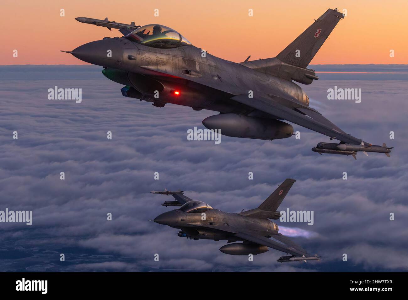 Armed military jets during an air-air photoshoot, Polish Air Force F ...