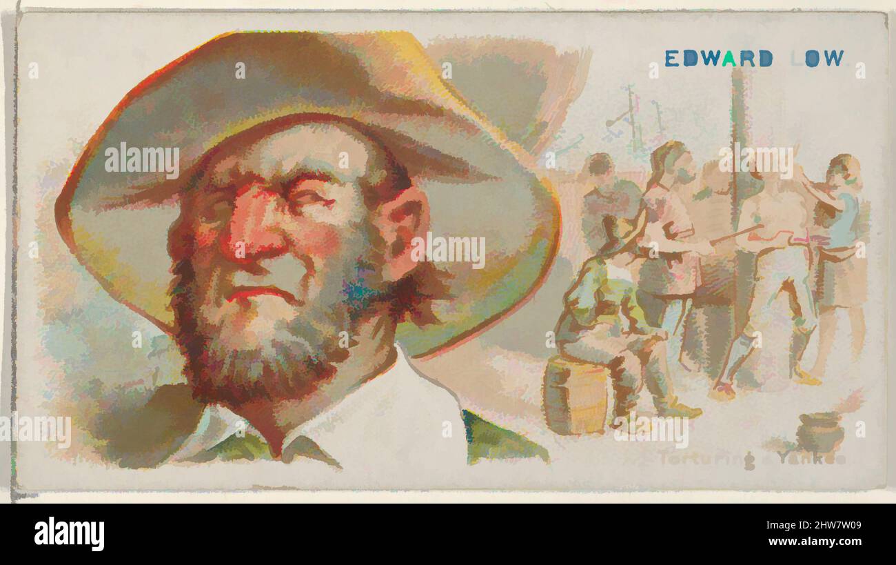 Art inspired by Edward Low, Torturing a Yankee, from the Pirates of the Spanish Main series (N19) for Allen & Ginter Cigarettes, ca. 1888, Commercial color lithograph, Sheet: 1 1/2 x 2 3/4 in. (3.8 x 7 cm), Trade cards from the 'Pirates of the Spanish Main' series (N19), issued ca, Classic works modernized by Artotop with a splash of modernity. Shapes, color and value, eye-catching visual impact on art. Emotions through freedom of artworks in a contemporary way. A timeless message pursuing a wildly creative new direction. Artists turning to the digital medium and creating the Artotop NFT Stock Photo