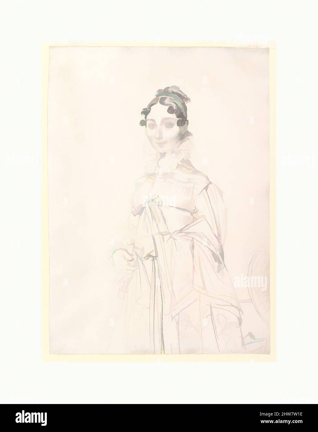 Art inspired by Portrait of a Lady, ca. 1815–17, Graphite on wove paper, Sheet: 10 7/8 x 7 13/16 in. (27.6 x 19.9 cm), Drawings, Jean Auguste Dominique Ingres (French, Montauban 1780–1867 Paris, Classic works modernized by Artotop with a splash of modernity. Shapes, color and value, eye-catching visual impact on art. Emotions through freedom of artworks in a contemporary way. A timeless message pursuing a wildly creative new direction. Artists turning to the digital medium and creating the Artotop NFT Stock Photo