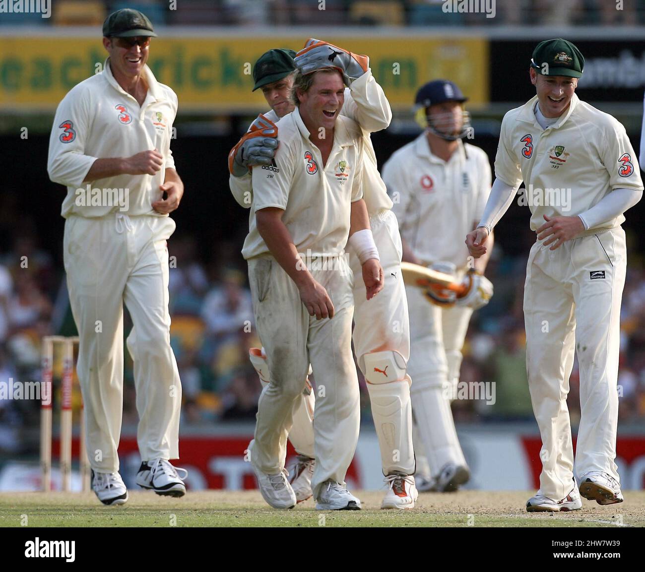 File photo dated 26-11-2006 of Australia's Shane Warne celebrates with Adam Gilchrist (behind) after taking the wicket of England captain Andrew Flintoff during the fourth day of the first Test match at the Gabba, Brisbane, Australia. Former Australia cricketer Shane Warne has died at the age of 52, his management company MPC Entertainment has announced in a statement. Issue date: Friday March 4, 2022. Stock Photo