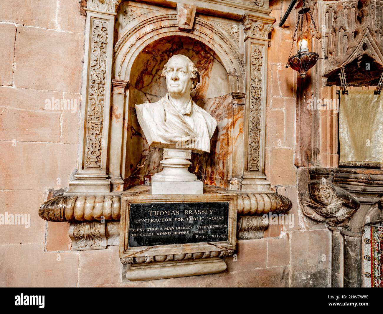 Marble head of Thomas Brassey in Chester Cathedral, a Church of England cathedral in the Diocese of Chester. Stock Photo