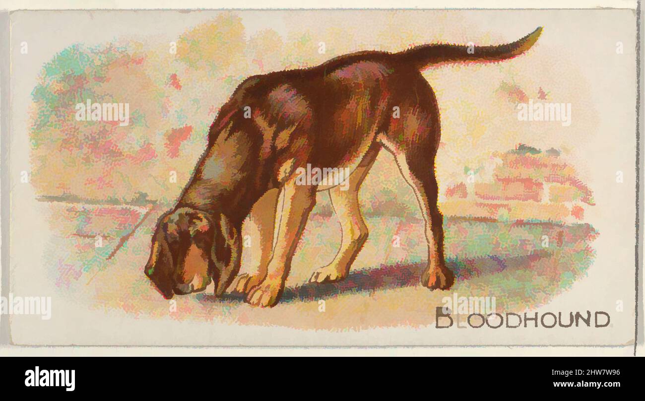 Art inspired by Bloodhound, from the Quadrupeds series (N21) for Allen & Ginter Cigarettes, 1890, Commercial color lithograph, Sheet: 1 1/2 x 2 3/4 in. (3.8 x 7 cm), Trade cards from the 'Quadrupeds' series (N21), issued in 1890 in a set of 50 cards to promote Allen & Ginter brand, Classic works modernized by Artotop with a splash of modernity. Shapes, color and value, eye-catching visual impact on art. Emotions through freedom of artworks in a contemporary way. A timeless message pursuing a wildly creative new direction. Artists turning to the digital medium and creating the Artotop NFT Stock Photo