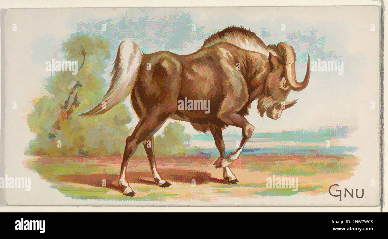 Art inspired by Gnu, from the Quadrupeds series (N21) for Allen & Ginter Cigarettes, 1890, Commercial color lithograph, Sheet: 1 1/2 x 2 3/4 in. (3.8 x 7 cm), Trade cards from the 'Quadrupeds' series (N21), issued in 1890 in a set of 50 cards to promote Allen & Ginter brand cigarettes, Classic works modernized by Artotop with a splash of modernity. Shapes, color and value, eye-catching visual impact on art. Emotions through freedom of artworks in a contemporary way. A timeless message pursuing a wildly creative new direction. Artists turning to the digital medium and creating the Artotop NFT Stock Photo