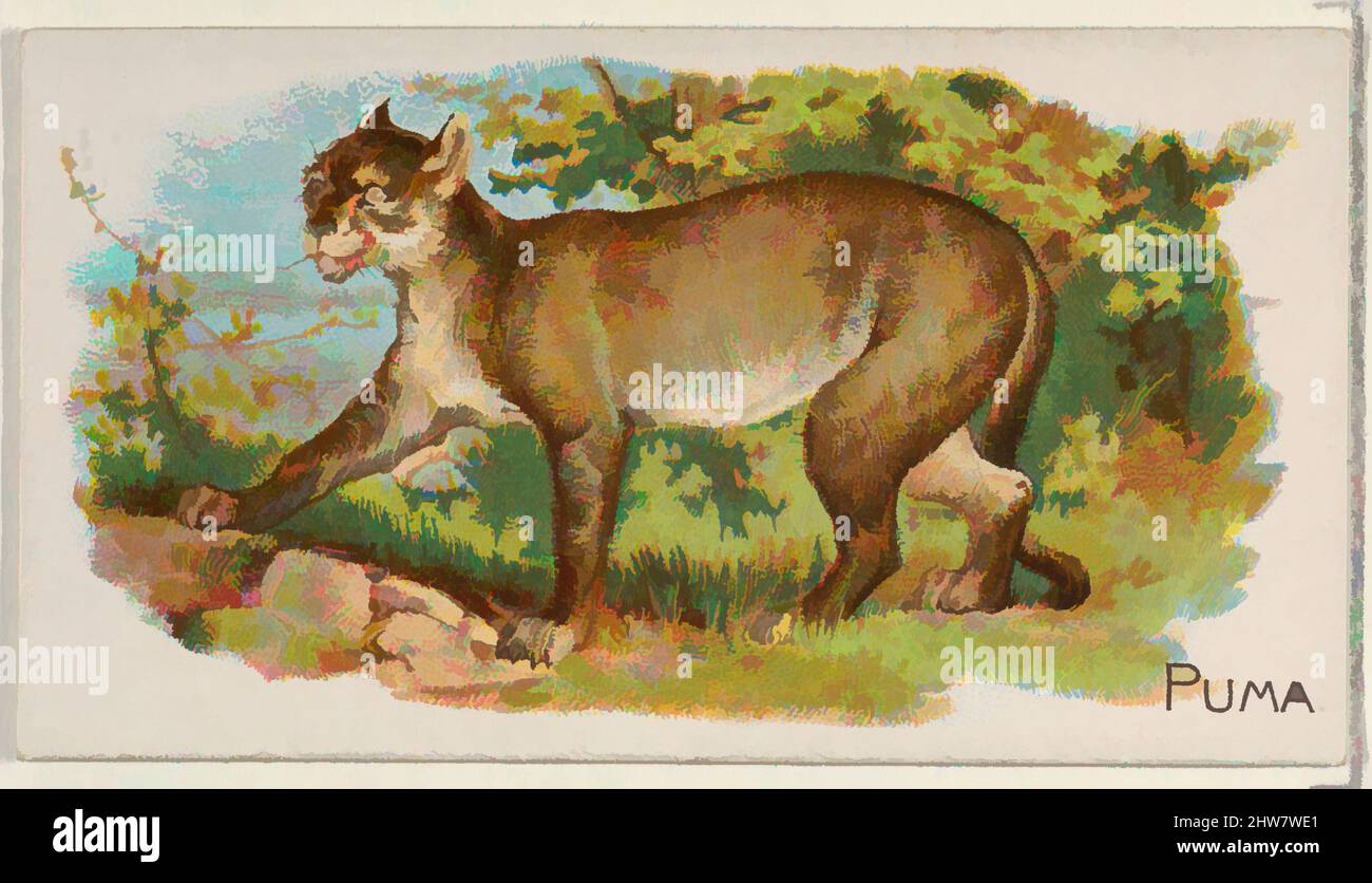 Art inspired by Puma, from the Quadrupeds series (N21) for Allen & Ginter Cigarettes, 1890, Commercial color lithograph, Sheet: 1 1/2 x 2 3/4 in. (3.8 x 7 cm), Trade cards from the 'Quadrupeds' series (N21), issued in 1890 in a set of 50 cards to promote Allen & Ginter brand cigarettes, Classic works modernized by Artotop with a splash of modernity. Shapes, color and value, eye-catching visual impact on art. Emotions through freedom of artworks in a contemporary way. A timeless message pursuing a wildly creative new direction. Artists turning to the digital medium and creating the Artotop NFT Stock Photo