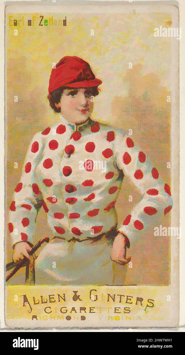 Art inspired by Earl of Zetland, from the Racing Colors of the World series (N22a) for Allen & Ginter Cigarettes, 1888, Commercial color lithograph, Sheet: 2 3/4 x 1 1/2 in. (7 x 3.8 cm), Trade cards from the 'Racing Colors of the World' series (N22a), issued in 1888 in a set of 50, Classic works modernized by Artotop with a splash of modernity. Shapes, color and value, eye-catching visual impact on art. Emotions through freedom of artworks in a contemporary way. A timeless message pursuing a wildly creative new direction. Artists turning to the digital medium and creating the Artotop NFT Stock Photo