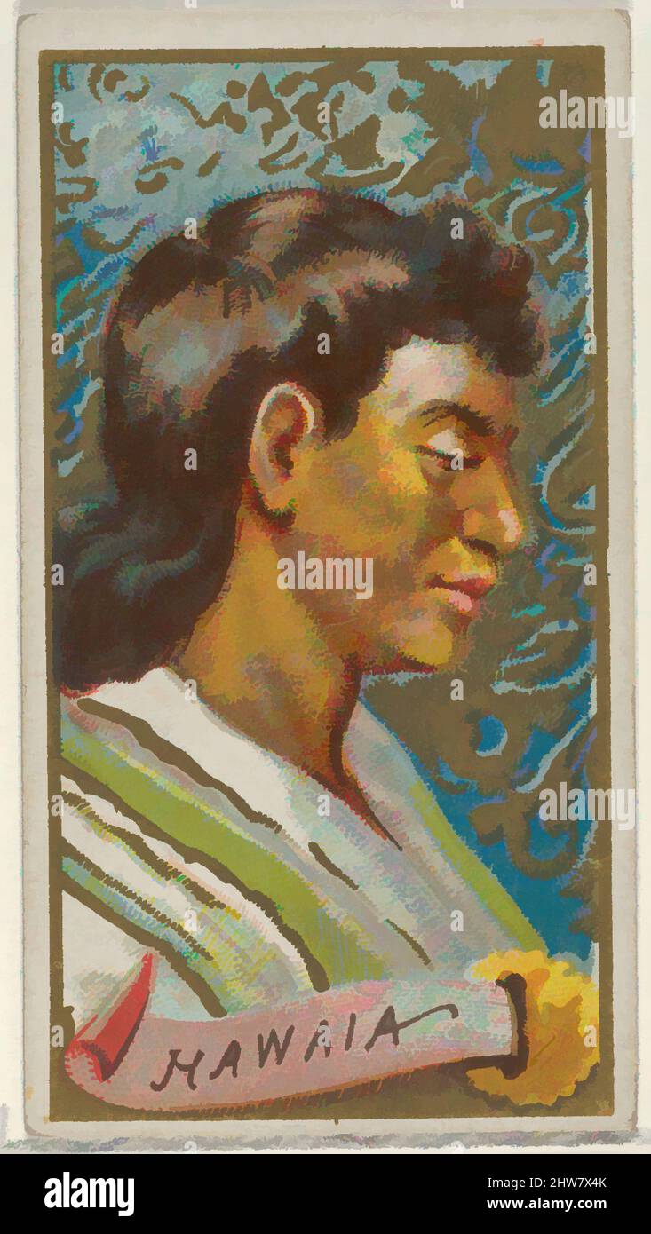 Art inspired by Hawaia, from the Types of All Nations series (N24) for Allen & Ginter Cigarettes, 1889, Commercial color lithograph, Sheet: 2 3/4 x 1 1/2 in. (7 x 3.8 cm), Trade cards from the 'Types of All Nations' series (N24), issued in 1889 in a set of 50 cards to promote Allen, Classic works modernized by Artotop with a splash of modernity. Shapes, color and value, eye-catching visual impact on art. Emotions through freedom of artworks in a contemporary way. A timeless message pursuing a wildly creative new direction. Artists turning to the digital medium and creating the Artotop NFT Stock Photo
