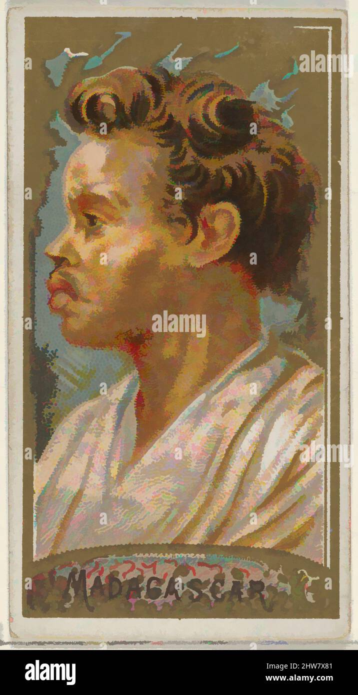 Art inspired by Madagascar, from the Types of All Nations series (N24) for Allen & Ginter Cigarettes, 1889, Commercial color lithograph, Sheet: 2 3/4 x 1 1/2 in. (7 x 3.8 cm), Trade cards from the 'Types of All Nations' series (N24), issued in 1889 in a set of 50 cards to promote Allen, Classic works modernized by Artotop with a splash of modernity. Shapes, color and value, eye-catching visual impact on art. Emotions through freedom of artworks in a contemporary way. A timeless message pursuing a wildly creative new direction. Artists turning to the digital medium and creating the Artotop NFT Stock Photo