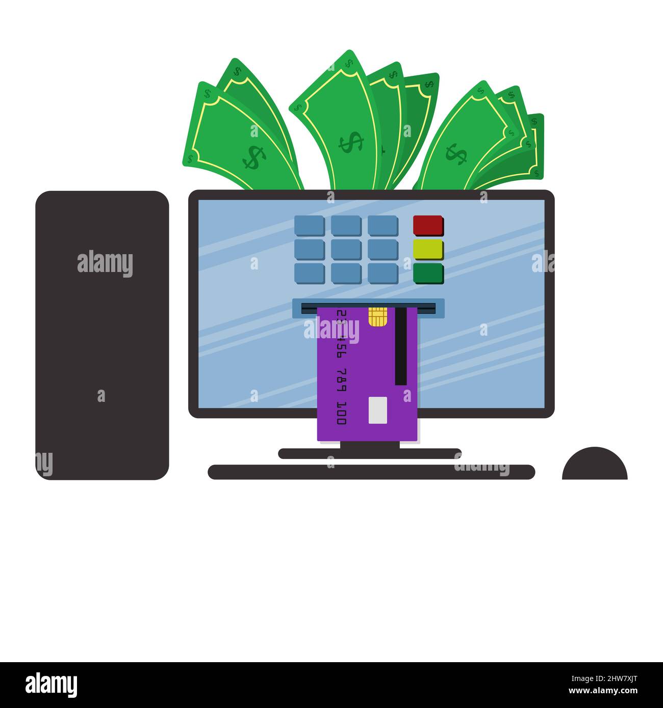Withdraw money from PC. Credit card being inserted into an atm machine on screen. Atm machine on personal computer. Stock Vector