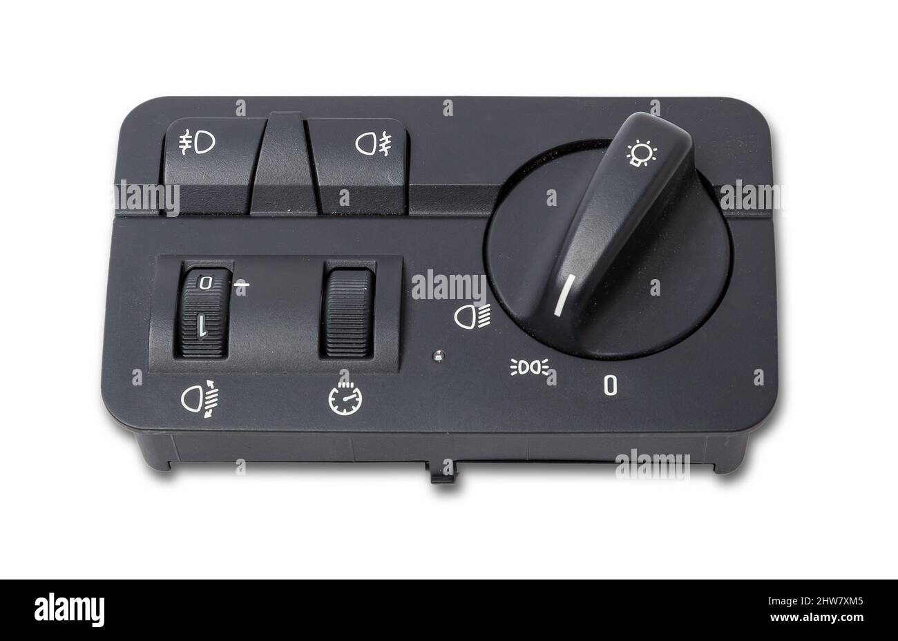 Closeup on the headlight switch control buttons and automatic adjust