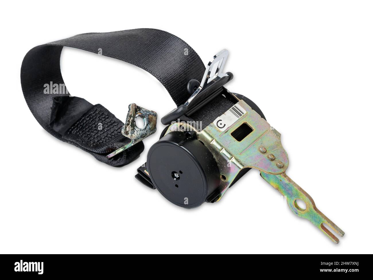 Spare part and interior element black seat belt from a car on a white