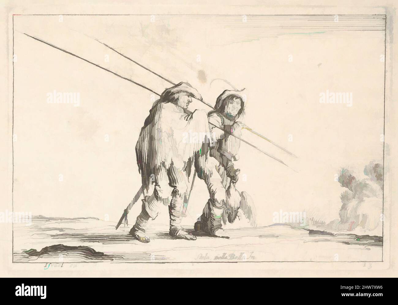 Art inspired by Plate 13: Two pikemen walking towards the right, each with their pikes in their right hands, from 'Various Figures' (Agréable diversité de figures), 1642, Etching; undescribed state between second and third of five, Sheet: 3 1/8 x 4 3/8 in. (7.9 x 11.1 cm), Prints, Classic works modernized by Artotop with a splash of modernity. Shapes, color and value, eye-catching visual impact on art. Emotions through freedom of artworks in a contemporary way. A timeless message pursuing a wildly creative new direction. Artists turning to the digital medium and creating the Artotop NFT Stock Photo
