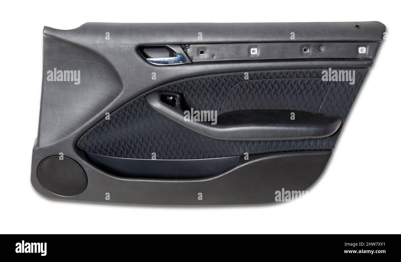 Car door trim with black leather upholstery on a white isolated