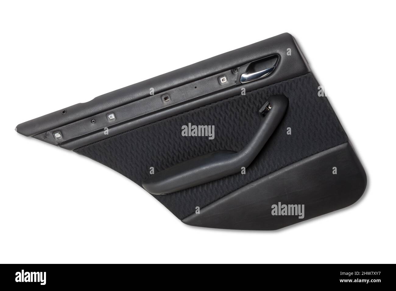 Car door trim with black leather upholstery on a white isolated