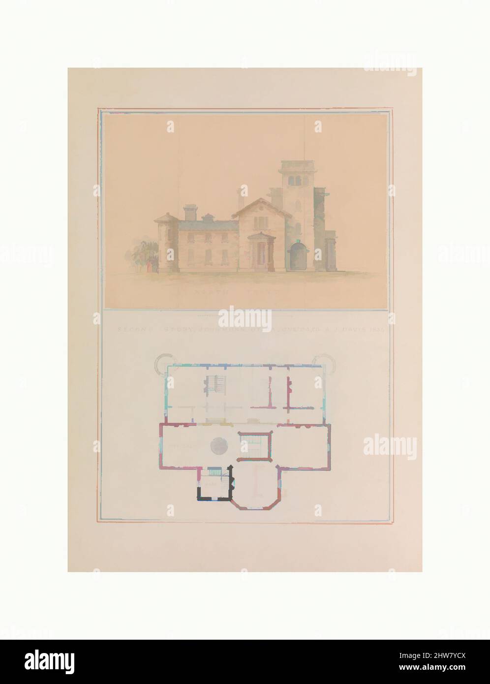 Art inspired by North Front and Second Floor Plan of John Munn House, Utica, New York, 1854, Ink and watercolor, Sheet: 14 3/8 x 9 3/4 in. (36.5 x 24.8 cm), Drawings, Alexander Jackson Davis (American, New York 1803–1892 West Orange, New Jersey, Classic works modernized by Artotop with a splash of modernity. Shapes, color and value, eye-catching visual impact on art. Emotions through freedom of artworks in a contemporary way. A timeless message pursuing a wildly creative new direction. Artists turning to the digital medium and creating the Artotop NFT Stock Photo