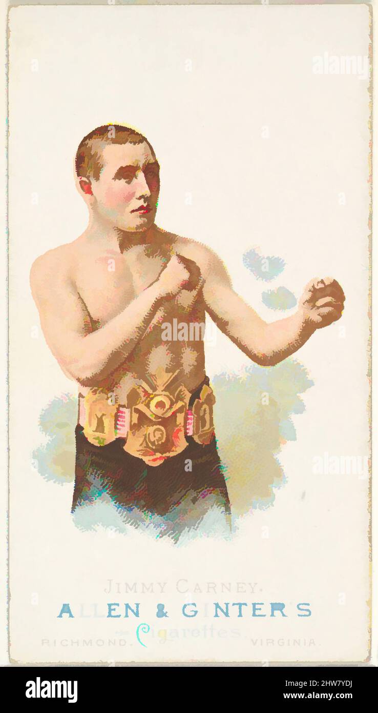 Art inspired by Jimmy Carney, Pugilist, from World's Champions, Series 1 (N28) for Allen & Ginter Cigarettes, 1887, Commercial color lithograph, Sheet: 2 3/4 x 1 1/2 in. (7 x 3.8 cm), Trade cards from 'World's Champions,' Series 1 (N28), issued in 1887 in a set of 50 cards to promote, Classic works modernized by Artotop with a splash of modernity. Shapes, color and value, eye-catching visual impact on art. Emotions through freedom of artworks in a contemporary way. A timeless message pursuing a wildly creative new direction. Artists turning to the digital medium and creating the Artotop NFT Stock Photo