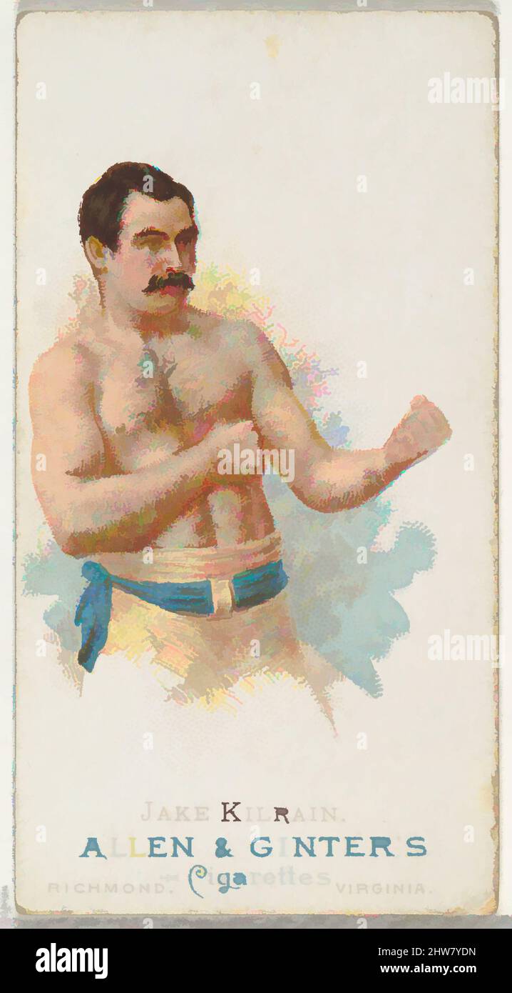Art inspired by Jake Kilrain, Pugilist, from World's Champions, Series 1 (N28) for Allen & Ginter Cigarettes, 1887, Commercial color lithograph, Sheet: 2 3/4 x 1 1/2 in. (7 x 3.8 cm), Trade cards from 'World's Champions,' Series 1 (N28), issued in 1887 in a set of 50 cards to promote, Classic works modernized by Artotop with a splash of modernity. Shapes, color and value, eye-catching visual impact on art. Emotions through freedom of artworks in a contemporary way. A timeless message pursuing a wildly creative new direction. Artists turning to the digital medium and creating the Artotop NFT Stock Photo