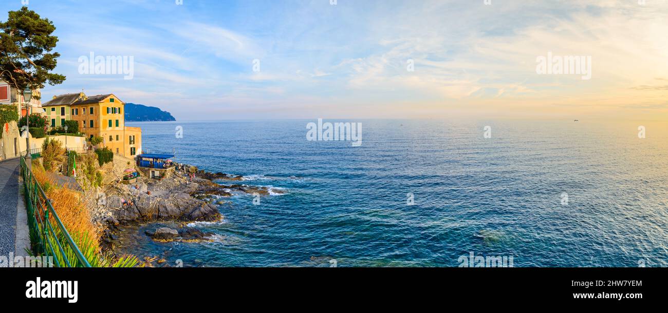 Panorama Coast of Liguria. Mediterranean Sea. Bogliasco village at sunset, Italy. Stock Photo