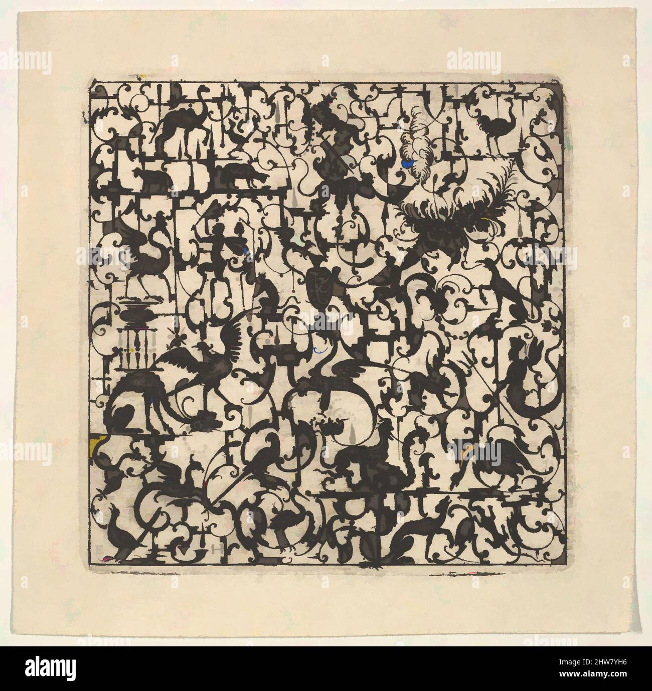 Art inspired by Square Blackwork Design in Silhouette Style with Schweifwerk and Grotesque Figures, 1617, Blackwork, Plate: 4 7/16 x 4 3/8 in. (11.2 x 11.1 cm), Esaias von Hulsen (Dutch, Middelburg ca. 1570–before 1626 Stuttgart), This sheet is part of a series of square grotesque, Classic works modernized by Artotop with a splash of modernity. Shapes, color and value, eye-catching visual impact on art. Emotions through freedom of artworks in a contemporary way. A timeless message pursuing a wildly creative new direction. Artists turning to the digital medium and creating the Artotop NFT Stock Photo