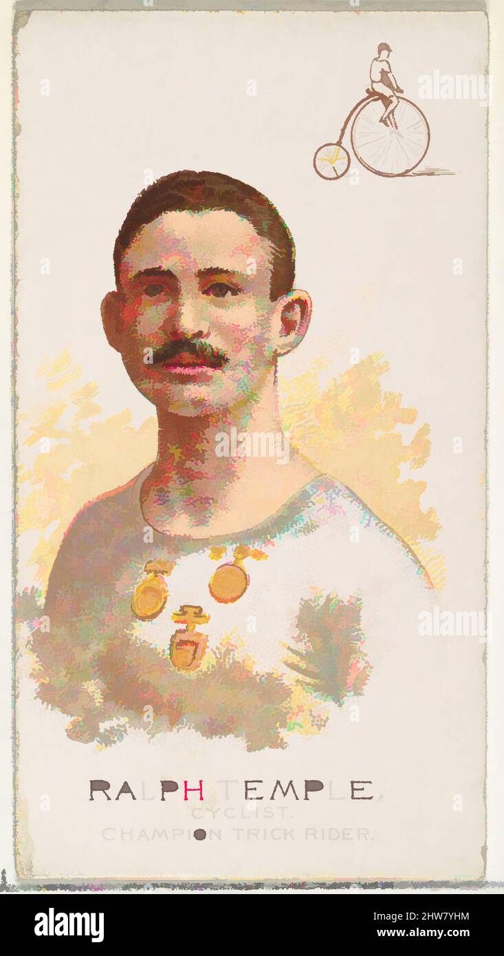 Art inspired by Ralph Temple, Cyclist, Champion Trick Rider, from World's Champions, Series 2 (N29) for Allen & Ginter Cigarettes, 1888, Commercial color lithograph, Sheet: 2 3/4 x 1 1/2 in. (7 x 3.8 cm), Trade cards from 'World's Champions,' Series 2 (N29), issued in 1888 in a set of, Classic works modernized by Artotop with a splash of modernity. Shapes, color and value, eye-catching visual impact on art. Emotions through freedom of artworks in a contemporary way. A timeless message pursuing a wildly creative new direction. Artists turning to the digital medium and creating the Artotop NFT Stock Photo