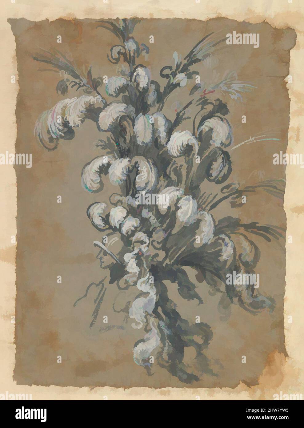 Art inspired by Design for a Lavish Headdress with Feathers on a Helmet, ca. 1620–56, Blue gouache or watercolor heightend with white, Sheet: 10 5/8 x 7 11/16 in. (27 x 19.5 cm), Possibly by Baccio del Bianco (Italian, Florence 1604–1656 Escorial) (and workshop), Design for a headdress, Classic works modernized by Artotop with a splash of modernity. Shapes, color and value, eye-catching visual impact on art. Emotions through freedom of artworks in a contemporary way. A timeless message pursuing a wildly creative new direction. Artists turning to the digital medium and creating the Artotop NFT Stock Photo
