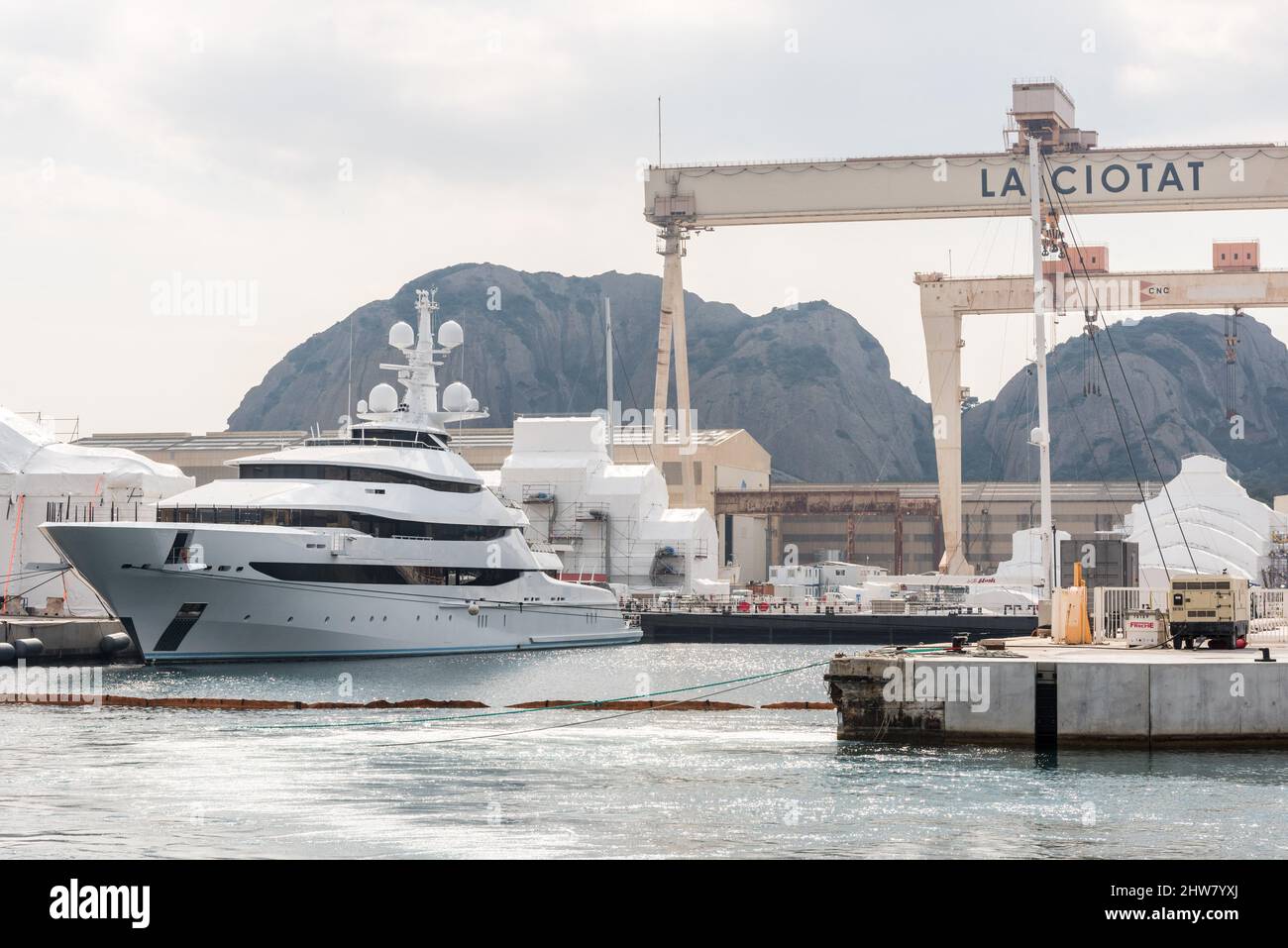 La Ciotat, France. 04th Mar, 2022. Rosneft boss Igor Setchine's yacht Amore Vero - meaning 'true love' - has been seized by the French authorities and is at La Ciotat harbour in south of France, on March 4, 2022. France has proceeded, under the implementation of European sanctions against Russia, to the seizure of a yacht linked to the Russian oligarch Igor Sechin, boss of the oil giant Rosneft. The almost 86-meter luxury yacht was in a shipyard in La Ciotat, in the south of France. Photo by Florian Escoffier/ABACAPRESS.COM Credit: Abaca Press/Alamy Live News Stock Photo