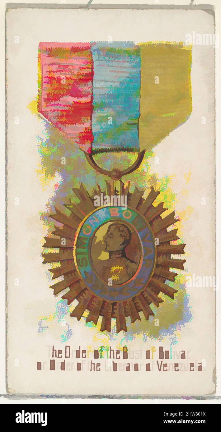 Art inspired by The Order of the Bust of Bolivar, or Order of the Liberator of Venezuela, from the World's Decorations series (N30) for Allen & Ginter Cigarettes, 1890, Commercial color lithograph, Sheet: 2 3/4 x 1 1/2 in. (7 x 3.8 cm), Trade cards from the 'World's Decorations' series, Classic works modernized by Artotop with a splash of modernity. Shapes, color and value, eye-catching visual impact on art. Emotions through freedom of artworks in a contemporary way. A timeless message pursuing a wildly creative new direction. Artists turning to the digital medium and creating the Artotop NFT Stock Photo