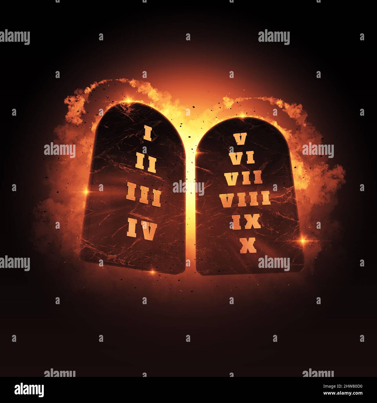 The 10 Ten Commandments of GOD with Fire Background (3D Illustration) Stock Photo