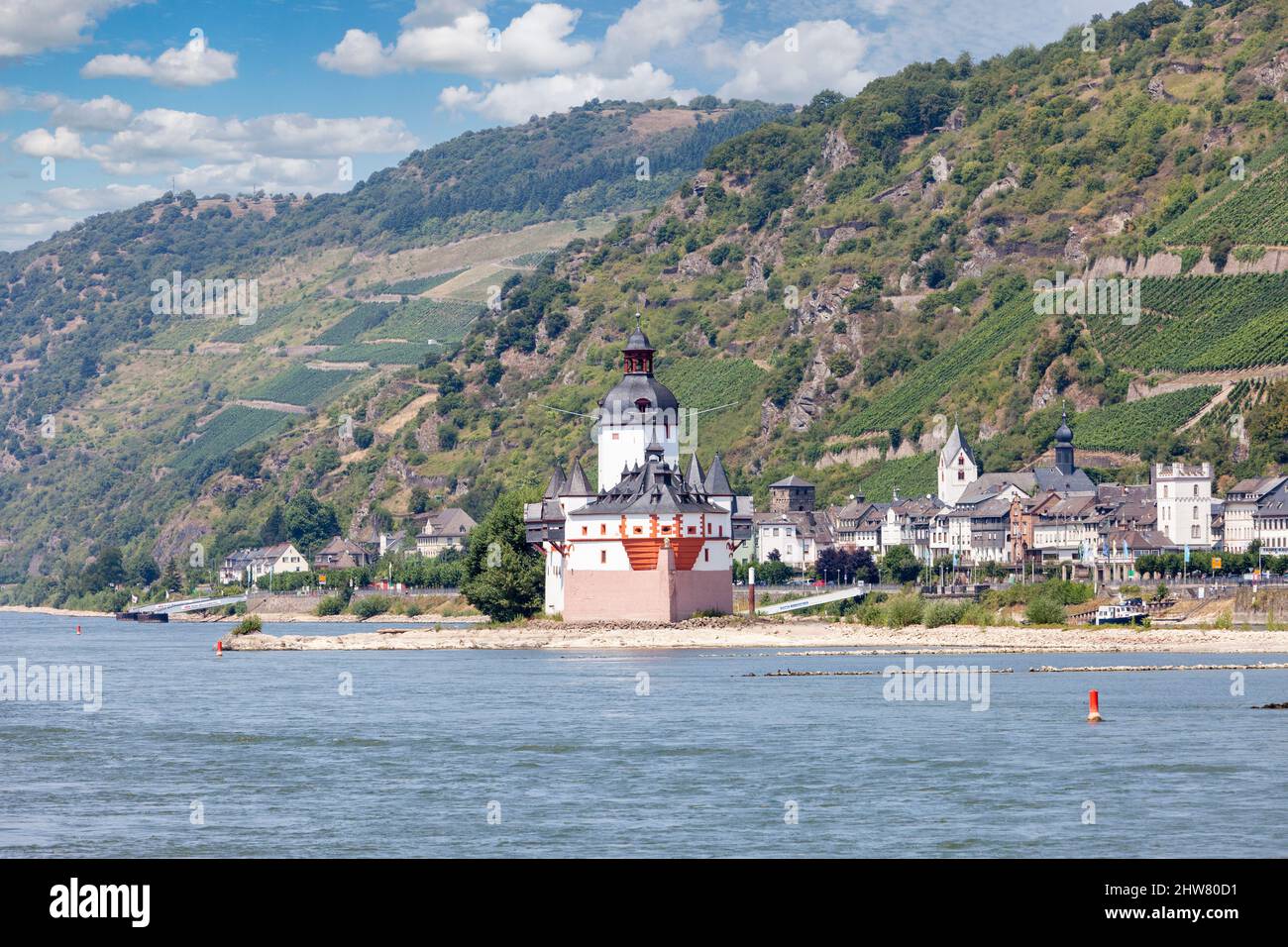 Rhine River Valley, Kaub, Germany. Pfalzgraffenstein or Pfalz Castle. Stock Photo