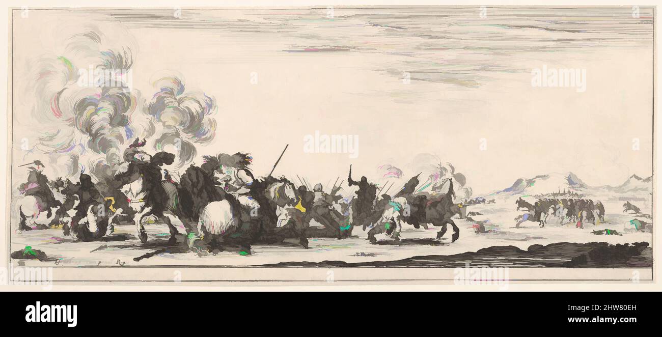 Art inspired by A battle on horseback, from 'Peace and War' (Divers desseins tant pour la paix que pour la guerre), ca. 1638–43, Etching, Sheet: 4 1/4 x 9 15/16 in. (10.8 x 25.2 cm), Prints, Stefano della Bella (Italian, Florence 1610–1664 Florence, Classic works modernized by Artotop with a splash of modernity. Shapes, color and value, eye-catching visual impact on art. Emotions through freedom of artworks in a contemporary way. A timeless message pursuing a wildly creative new direction. Artists turning to the digital medium and creating the Artotop NFT Stock Photo