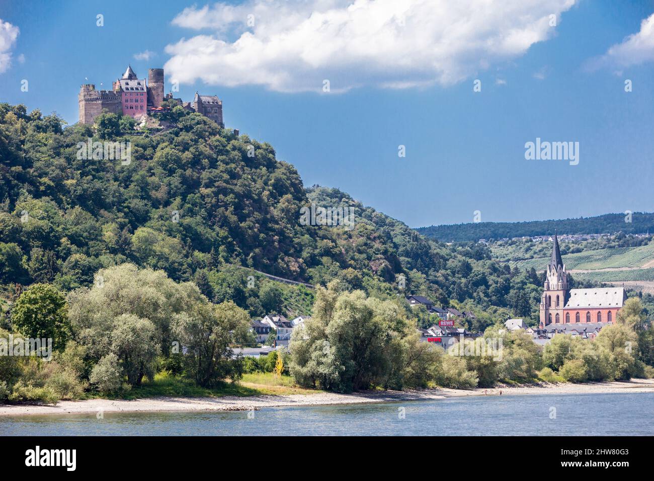 Rhine River Valley, Oberwesel, Germany.  Schönberg Castle. Stock Photo
