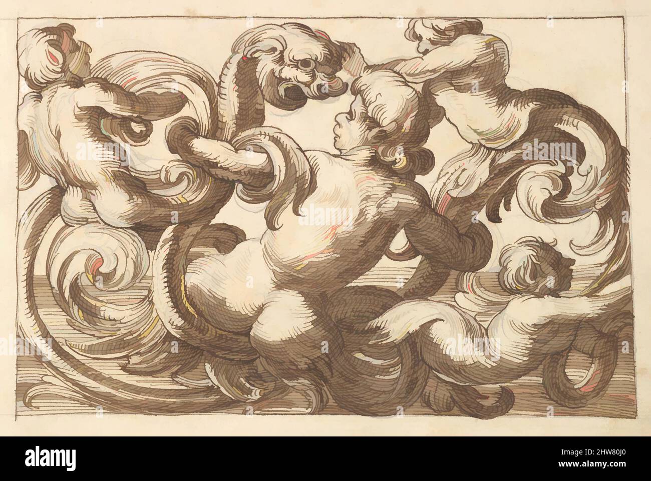 Art inspired by Horizontal Panel Design with Four Hybrid Male Figures and a Fantastical Creature Interspersed between Acanthus Rinceaux, 17th century (first half), Pen and brown ink over leadpoint., Sheet: 7 1/4 x 10 5/16 in. (18.4 x 26.2 cm), Anonymous, Italian, Venetian, 17th century, Classic works modernized by Artotop with a splash of modernity. Shapes, color and value, eye-catching visual impact on art. Emotions through freedom of artworks in a contemporary way. A timeless message pursuing a wildly creative new direction. Artists turning to the digital medium and creating the Artotop NFT Stock Photo