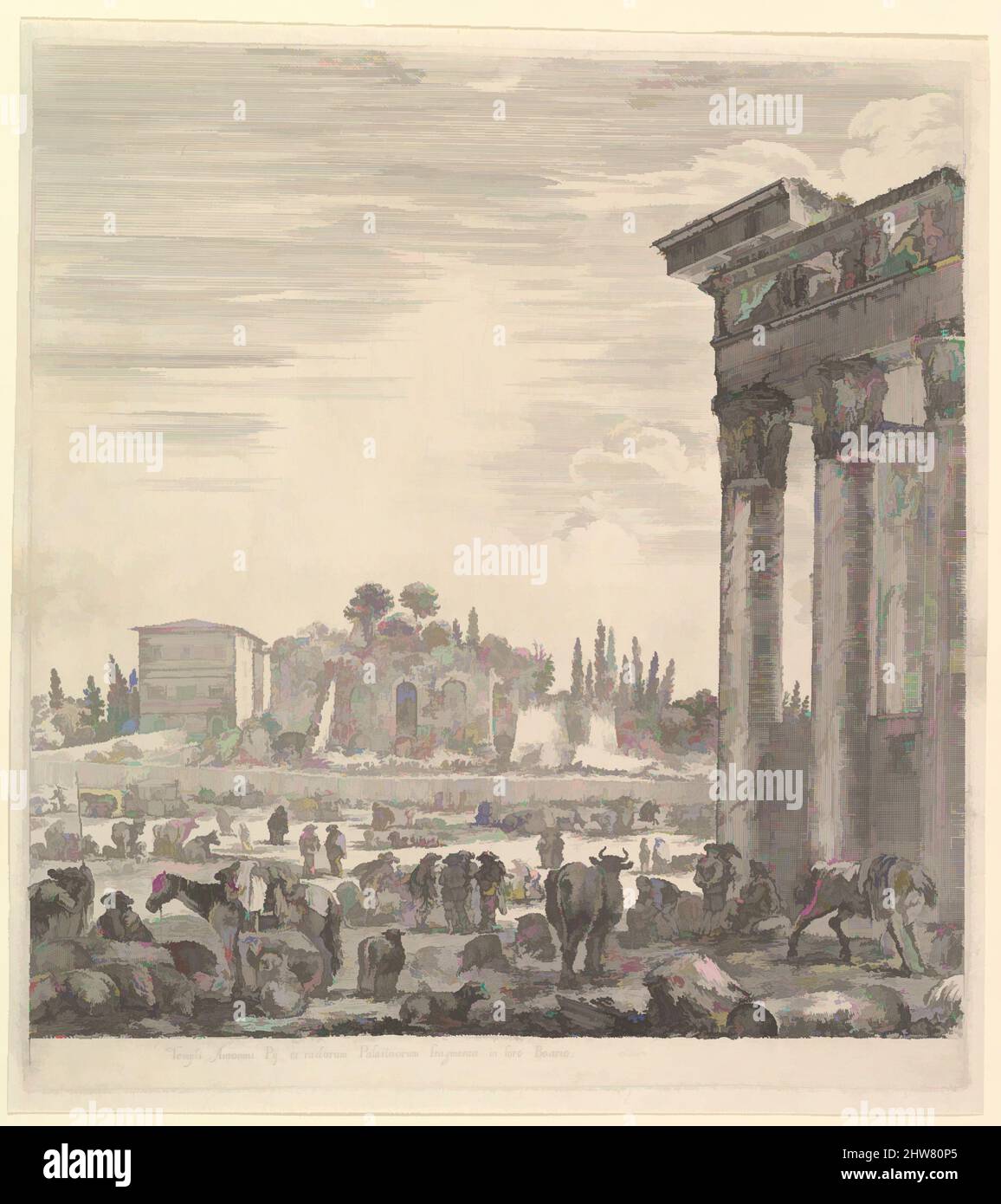 Art inspired by The columns of the Temple of Antoninus to right, a part of the Campo Vaccino in center and at left, along with various animals and figures, the Palatine ruins in the background, from 'Six large views, four of Rome, and two of the Roman countryside' (Six grandes vues, Classic works modernized by Artotop with a splash of modernity. Shapes, color and value, eye-catching visual impact on art. Emotions through freedom of artworks in a contemporary way. A timeless message pursuing a wildly creative new direction. Artists turning to the digital medium and creating the Artotop NFT Stock Photo