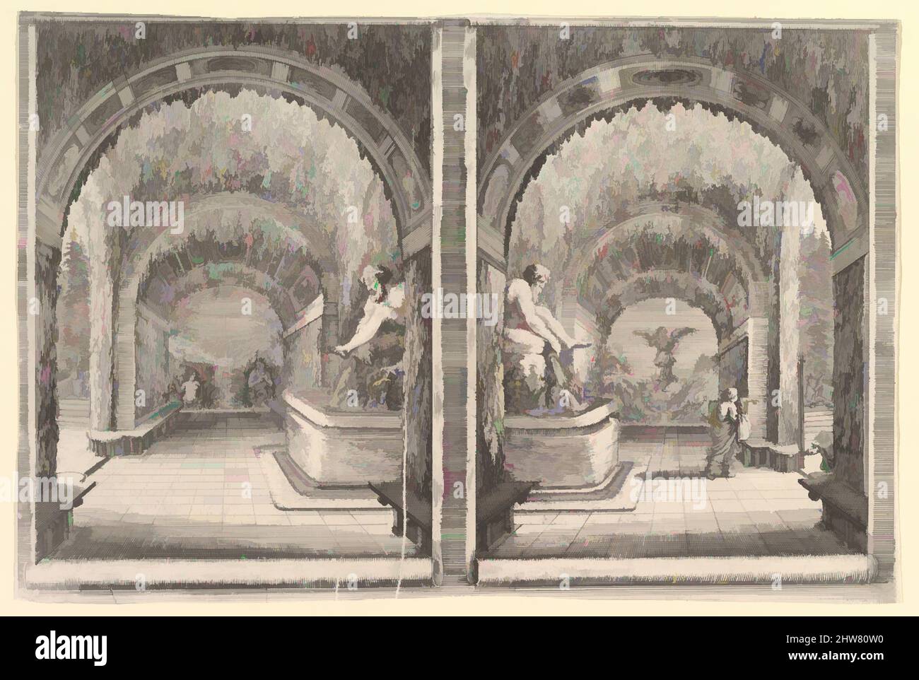 Art inspired by Two views of a grotto, both views with a fountain with a seated statue, seen from the left and right sides, from 'Views of the villa at Pratolino' (Vues de la villa de Pratolino), ca. 1653, Etching, Sheet: 9 3/4 x 14 9/16 in. (24.7 x 37 cm), Stefano della Bella (Italian, Classic works modernized by Artotop with a splash of modernity. Shapes, color and value, eye-catching visual impact on art. Emotions through freedom of artworks in a contemporary way. A timeless message pursuing a wildly creative new direction. Artists turning to the digital medium and creating the Artotop NFT Stock Photo