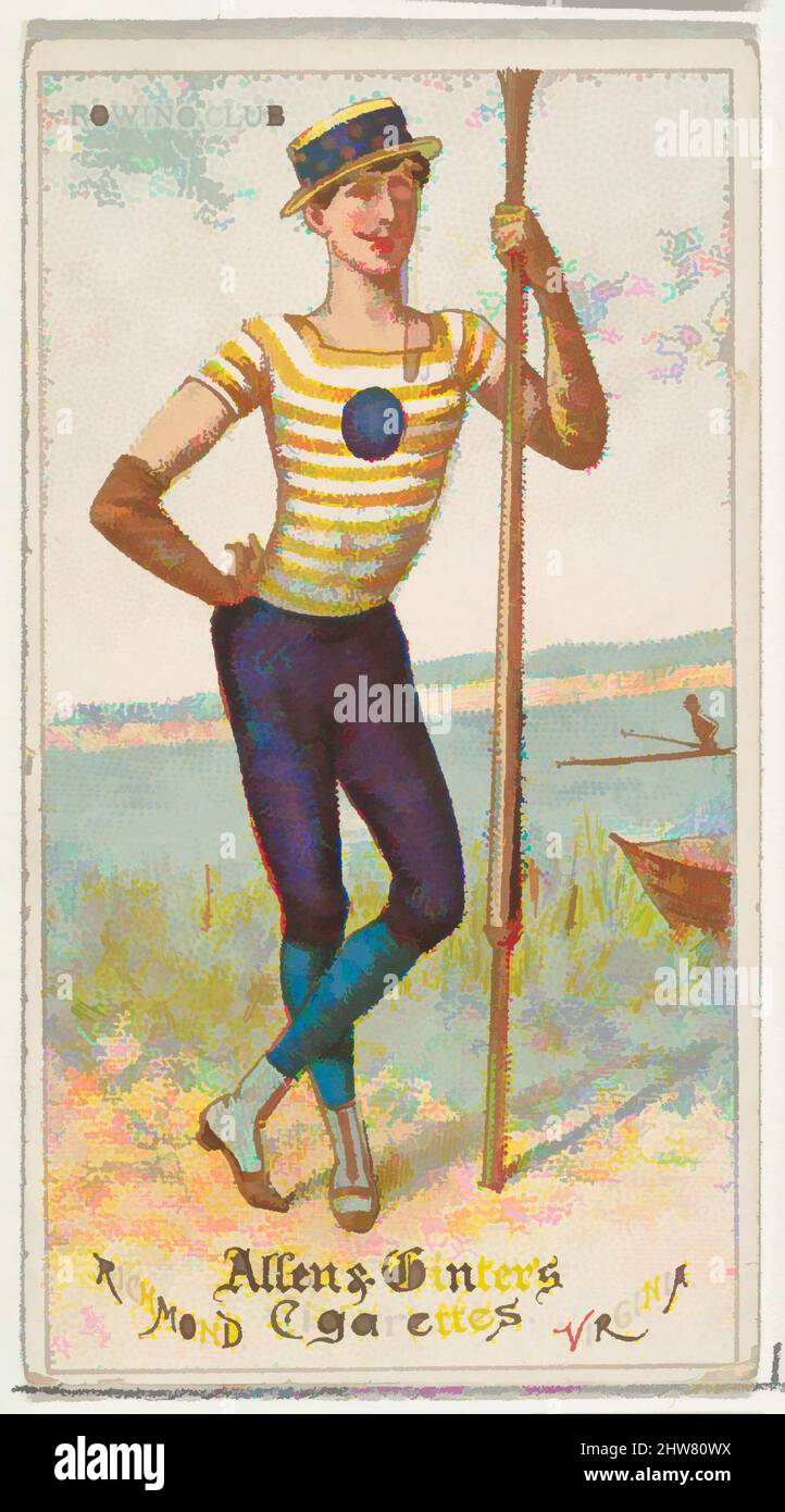 Art inspired by Rowing Club, from World's Dudes series (N31) for Allen & Ginter Cigarettes, 1888, Commercial color lithograph, Sheet: 2 3/4 x 1 1/2 in. (7 x 3.8 cm), Trade cards from the 'World's Dudes' series (N31), issued in 1888 in a set of 50 cards to promote Allen & Ginter brand, Classic works modernized by Artotop with a splash of modernity. Shapes, color and value, eye-catching visual impact on art. Emotions through freedom of artworks in a contemporary way. A timeless message pursuing a wildly creative new direction. Artists turning to the digital medium and creating the Artotop NFT Stock Photo