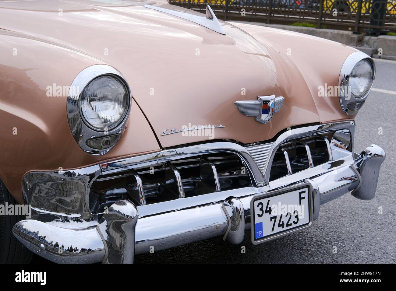 Istanbul, Turkey - February 26, 2022 : A vintage but in good condition Studebaker, which is an American Vintage Car was parked on The Galata Bridge. Stock Photo