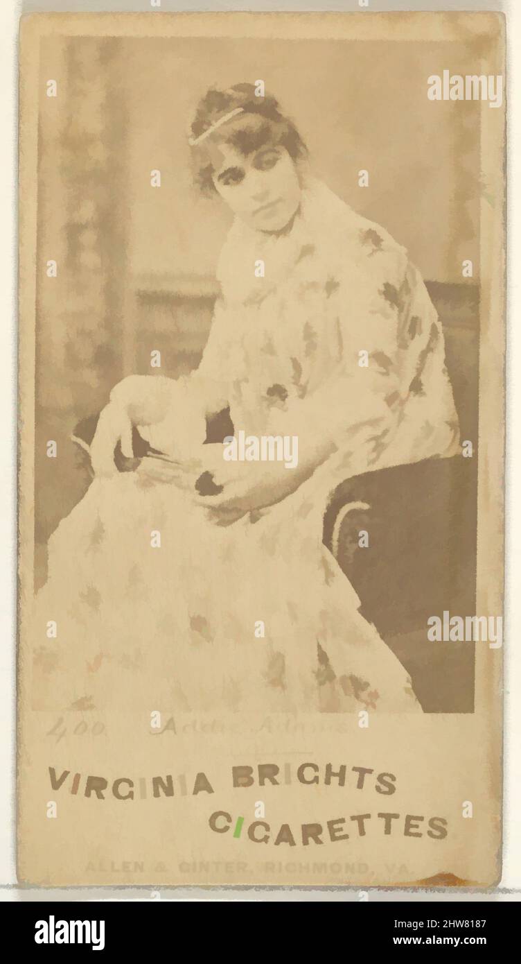 Art inspired by Card 400, Addie Adams, from the Actors and Actresses series (N45, Type 1) for Virginia Brights Cigarettes, ca. 1888, Albumen photograph, Sheet: 2 3/4 x 1 3/8 in. (7 x 3.5 cm), Trade cards from the 'Actors and Actresses' series (N45, Type 1), issued ca. 1888 by Allen, Classic works modernized by Artotop with a splash of modernity. Shapes, color and value, eye-catching visual impact on art. Emotions through freedom of artworks in a contemporary way. A timeless message pursuing a wildly creative new direction. Artists turning to the digital medium and creating the Artotop NFT Stock Photo