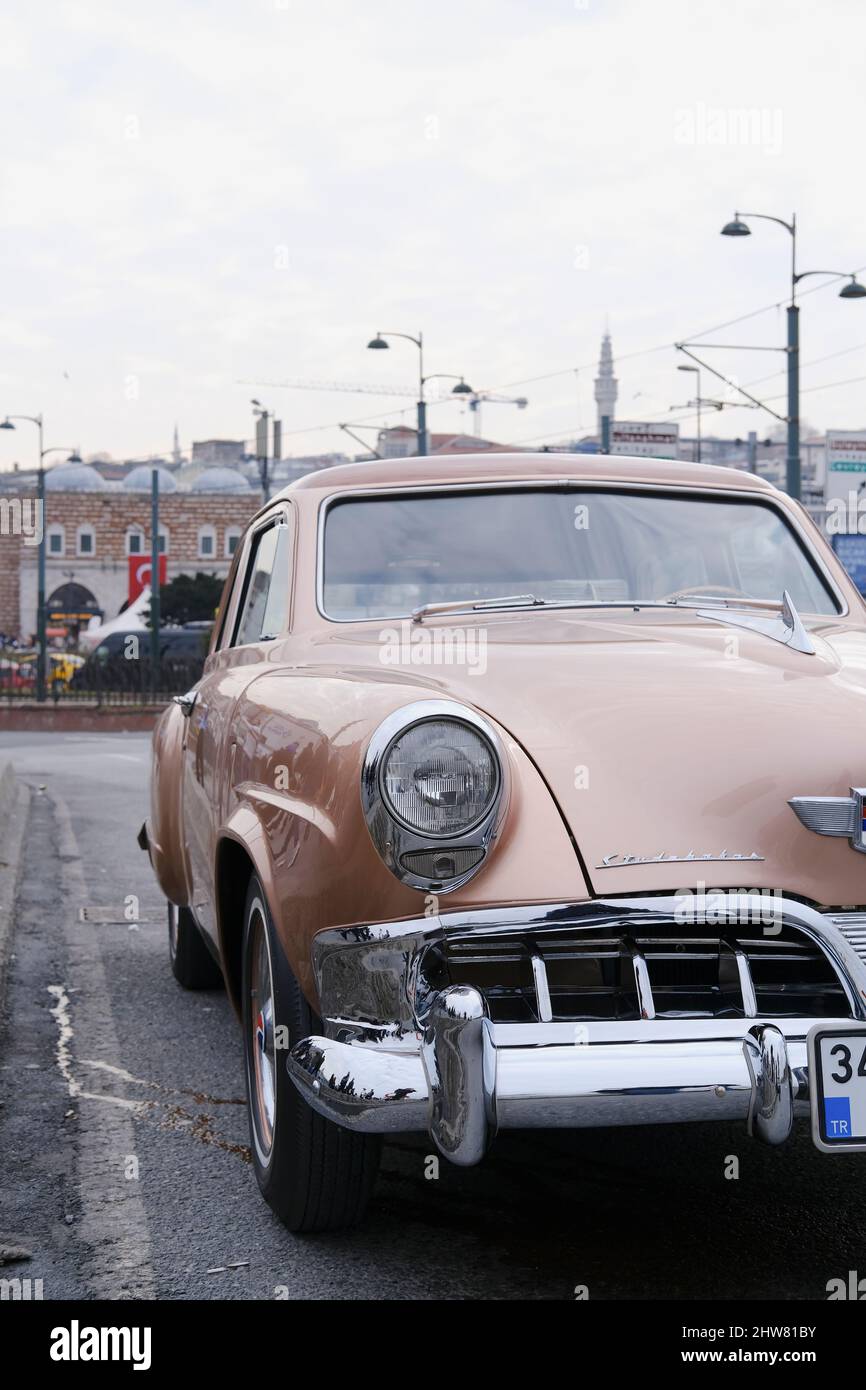 Istanbul, Turkey - February 26, 2022 : A vintage but in good condition Studebaker, which is an American Classic Car was parked on The Galata Bridge. Stock Photo