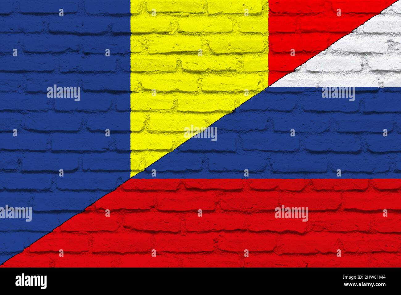 Conflict between Russia and Republic of Moldova war concept. Russian flag and Republic of Moldova flag background. Flag with brick wall texture. Stock Photo