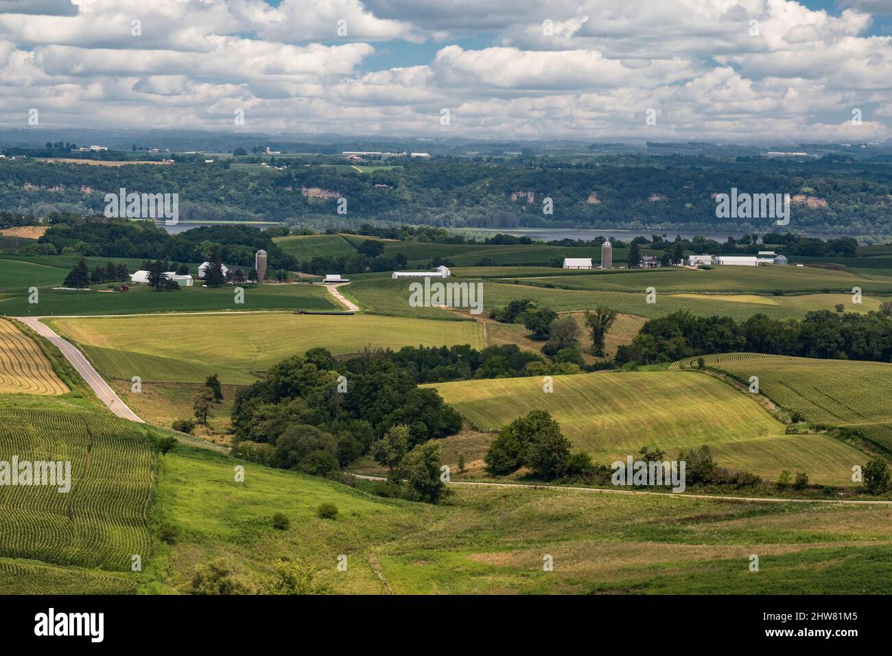 Balltown, Iowa. Farms near Balltown. Mississippi River and Wisconsin in the distance. Stock Photo