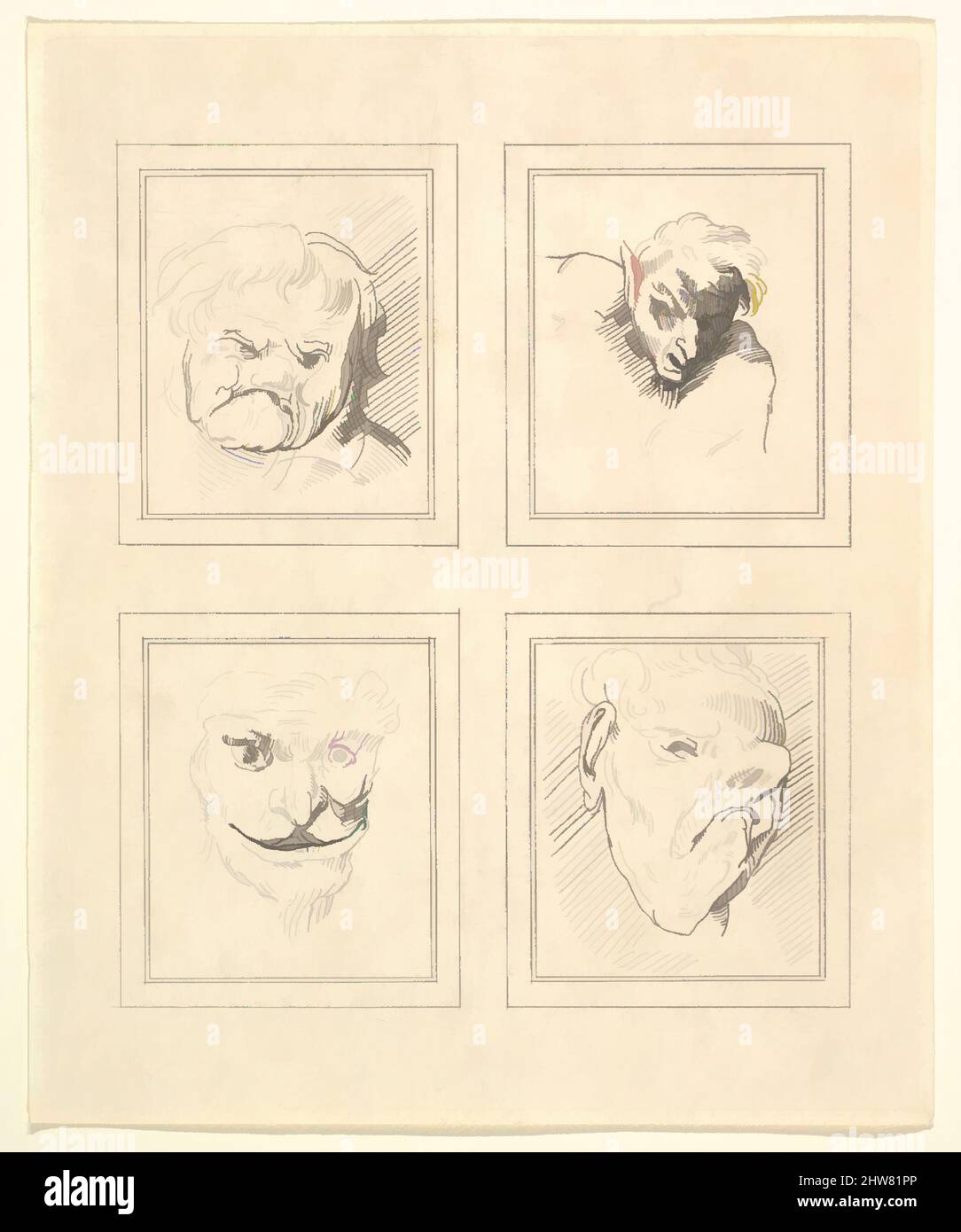 Art inspired by Four Heads (from Characaturas by Leonardo da Vinci, from Drawings by Wincelslaus Hollar), 1786, Etching, Plate: 7 11/16 x 6 5/16 in. (19.6 x 16 cm), Prints, After Wenceslaus Hollar (Bohemian, Prague 1607–1677 London), After Leonardo da Vinci (Italian, Vinci 1452–1519, Classic works modernized by Artotop with a splash of modernity. Shapes, color and value, eye-catching visual impact on art. Emotions through freedom of artworks in a contemporary way. A timeless message pursuing a wildly creative new direction. Artists turning to the digital medium and creating the Artotop NFT Stock Photo