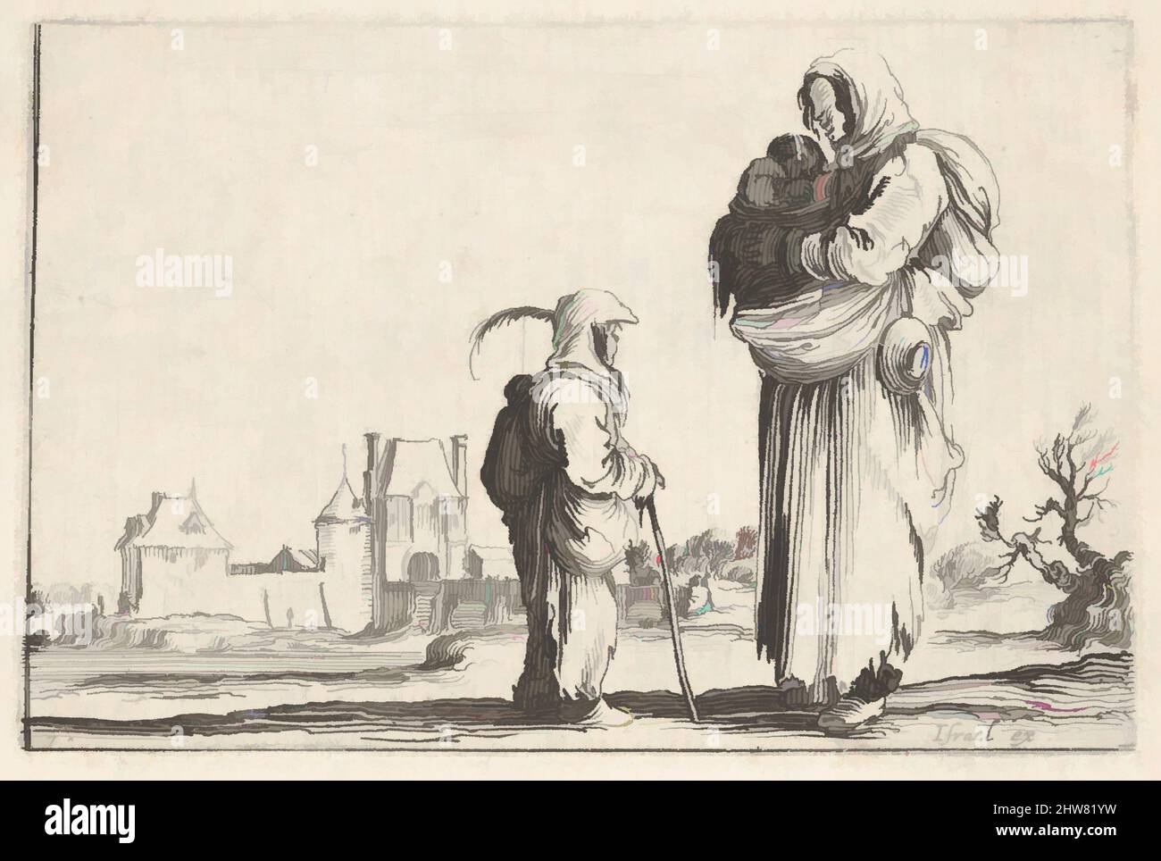 Art inspired by Plate 7: a peasant woman carrying a child to right, speaking to another child standing facing right in center, a castle to left in the background, from 'Caprice faict par de la Bella', ca. 1642, Etching; second state of two, Sheet: 2 7/16 x 3 9/16 in. (6.2 x 9 cm, Classic works modernized by Artotop with a splash of modernity. Shapes, color and value, eye-catching visual impact on art. Emotions through freedom of artworks in a contemporary way. A timeless message pursuing a wildly creative new direction. Artists turning to the digital medium and creating the Artotop NFT Stock Photo