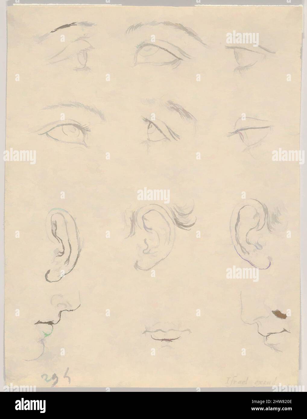 Art inspired by Plate 3: six eyes, three Ears, two Profiles, and a mouth, from 'The Book for Learning to Draw' (Livre pour apprendre à dessiner), ca. 1649, Etching, Sheet: 3 1/4 x 2 1/2 in. (8.3 x 6.4 cm), Prints, Stefano della Bella (Italian, Florence 1610–1664 Florence, Classic works modernized by Artotop with a splash of modernity. Shapes, color and value, eye-catching visual impact on art. Emotions through freedom of artworks in a contemporary way. A timeless message pursuing a wildly creative new direction. Artists turning to the digital medium and creating the Artotop NFT Stock Photo